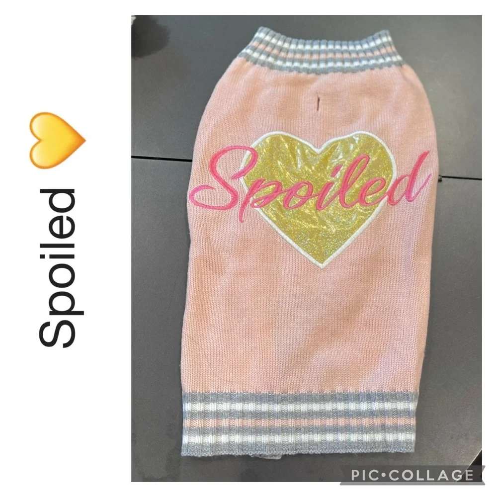 Spoiled Pink Gold Heart Dog Sweater Stripe Trim M/L